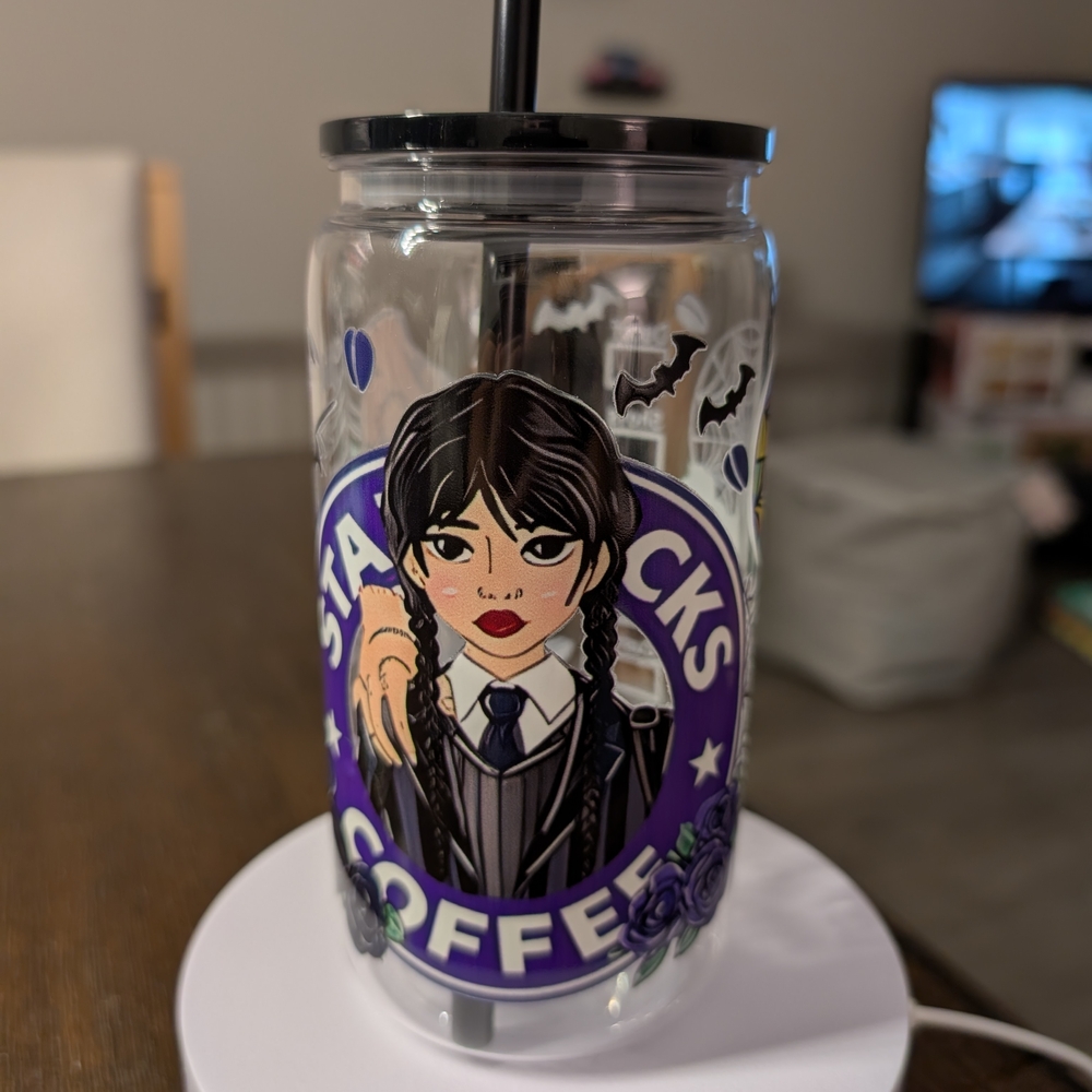 Character Glass Tumbler with Purple and Black Design